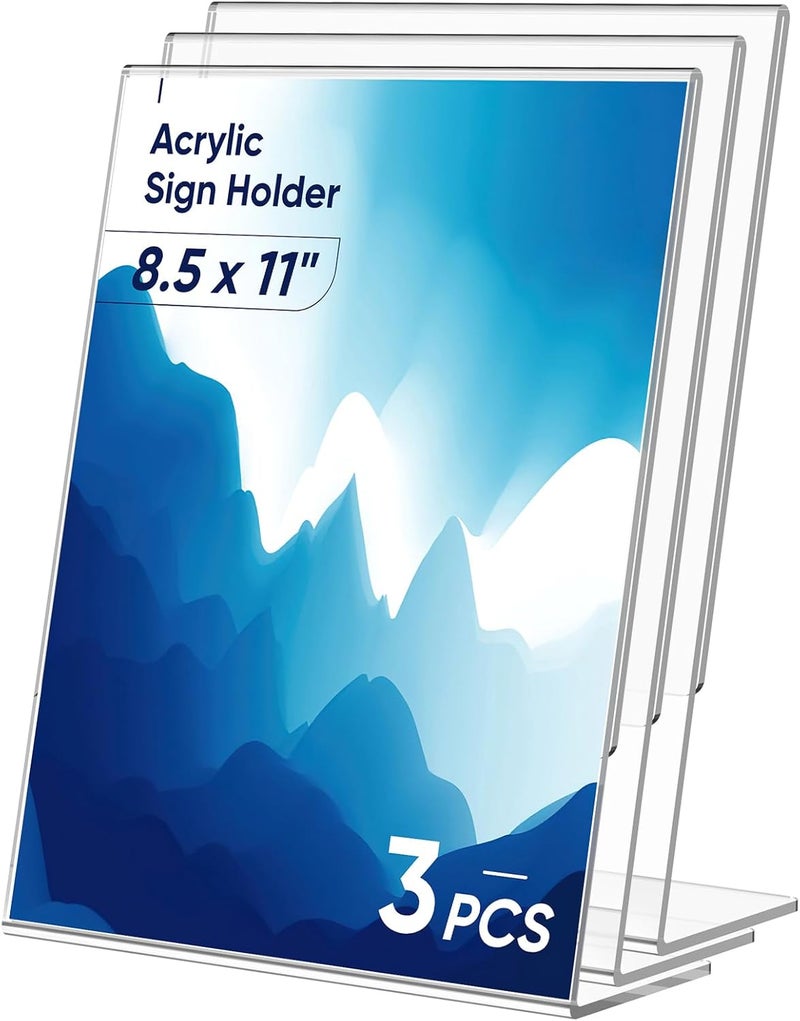 Dooiclear 3 Pack Acrylic Sign Holder 8.5x11 Inches, Clear Display Holder, L-Shape Vertical Menu Holder Stand, Flyer Display Stand, Table Paper Holder, Plastic Sign Display Stand for Restaurants, Store, Office - Image 1
